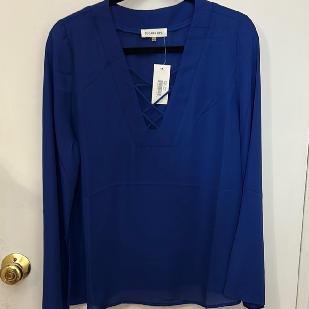 Royal Blue Long Sleeve Blouse with Cage Neck Design